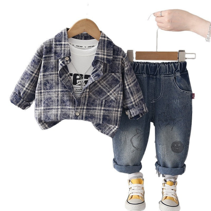 Boys' Suit 2026 New Spring and Style Children's Fashionable Round Pocket Plaid Shirt Baby Autumn Casual Three-Piece Set