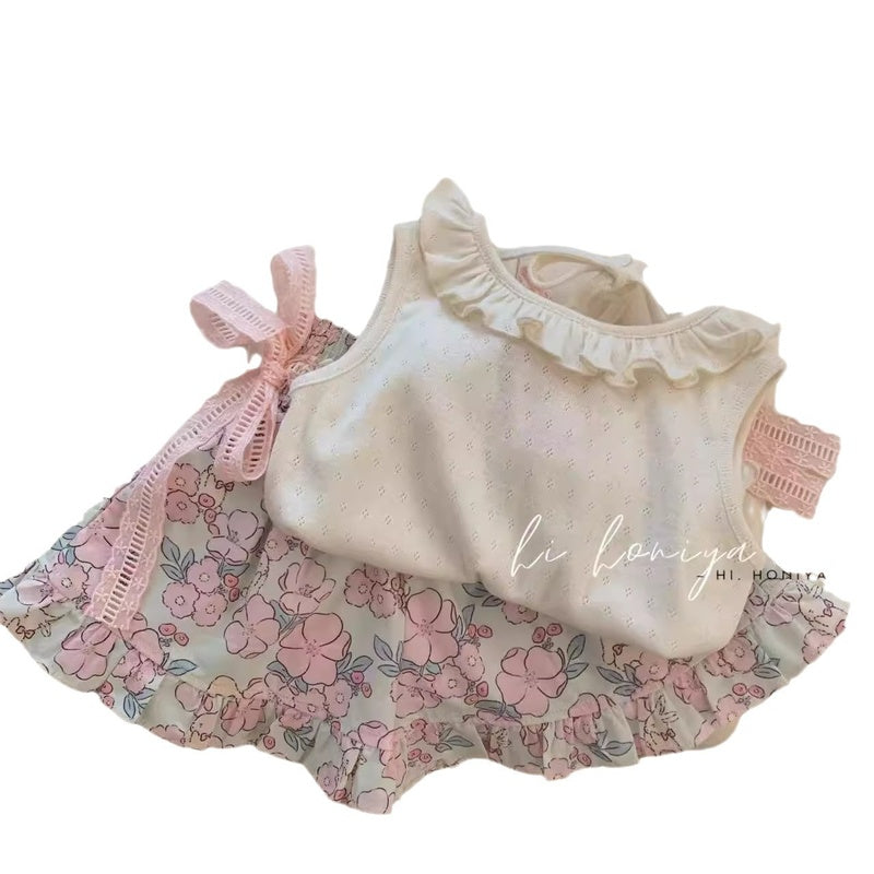Baby Girl Outfit Dress Stylish Princess Sweet Floral Cute Internet Celebrity Summer Thin Sleeveless Vest Set Pants Skirt