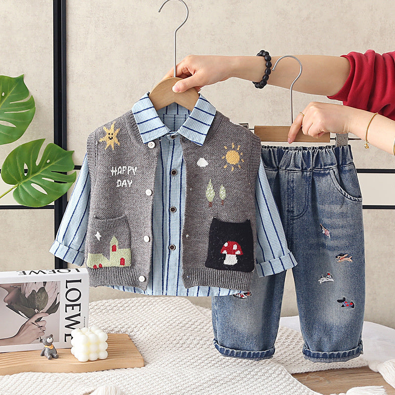 Boys' Spring Outfit 2026 New Fashionable Baby Children's Cartoon Little Sun Sweater Three-Piece Set