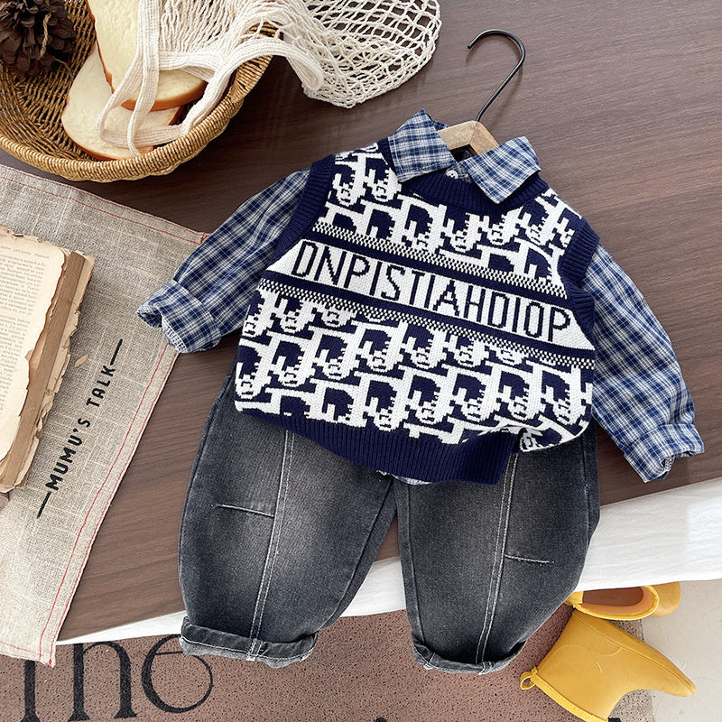 Boys' clothing shirt sweater set, spring autumn style, trendy and cool, stylish long-sleeve three-piece set for 1-5 year old boys