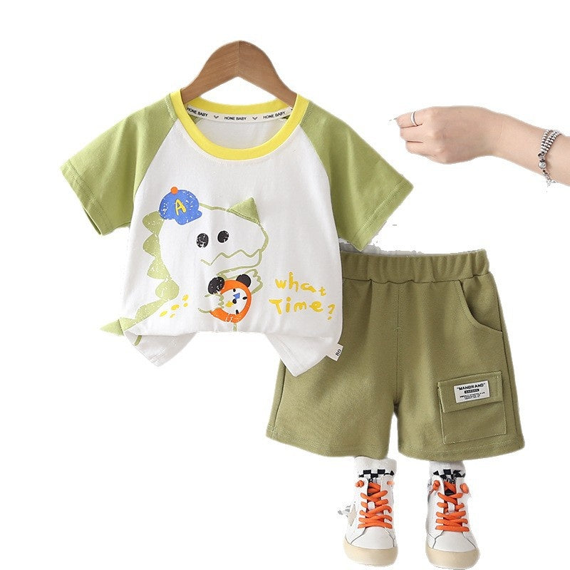 Boys' Summer Outfit 2026 New Fashionable Korean Style Round Neck Dinosaur Short Sleeve Thin Two-Piece Set for Toddlers