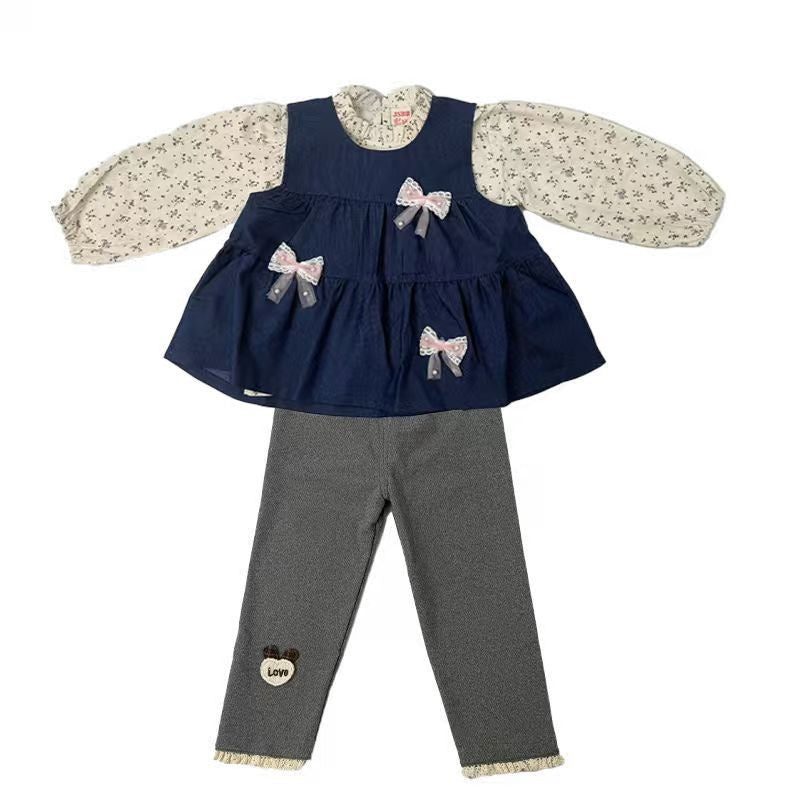 Baby Outfit Stylish Infant Clothes Girl Spring and Autumn Denim Three Bowknot Vest Three-Piece Set