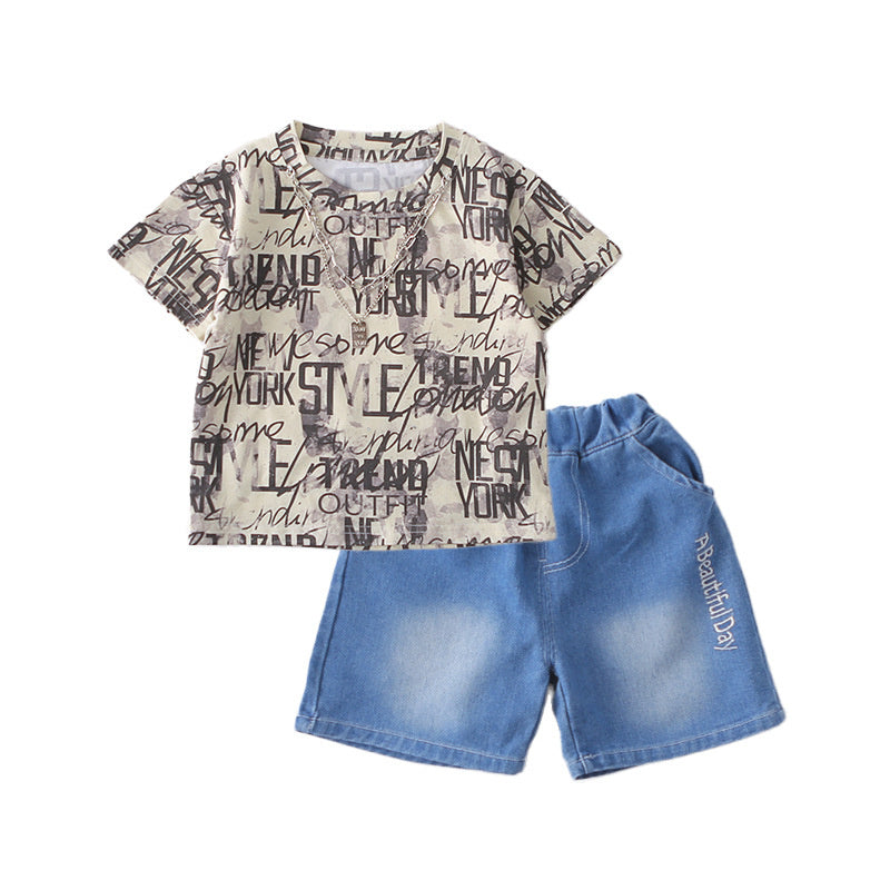 Boys' Summer Outfit: Children's Short-Sleeve English Print Cool and Stylish 2026 New Model for 1-3 Year Olds