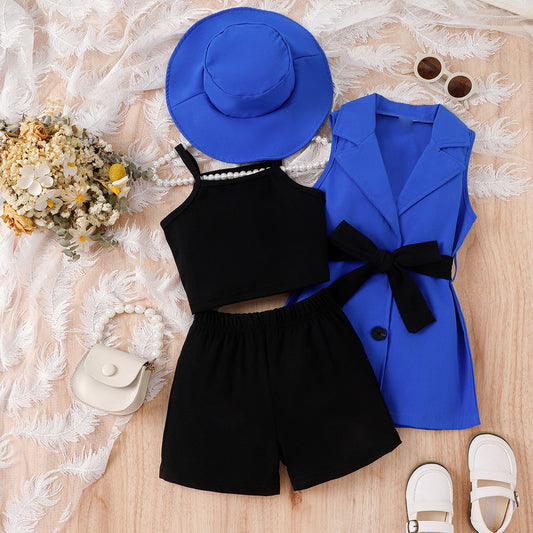 European American summer girls' outfit: four-piece set for young children including camisole, shorts, sleeveless blazer, and hat