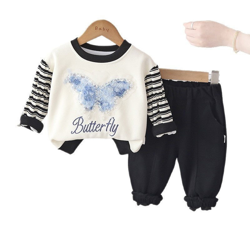 Girls Spring and Autumn Suit 2026 New Style Children's Clothes Baby Sequin Bow Sweatshirt Two-piece Set