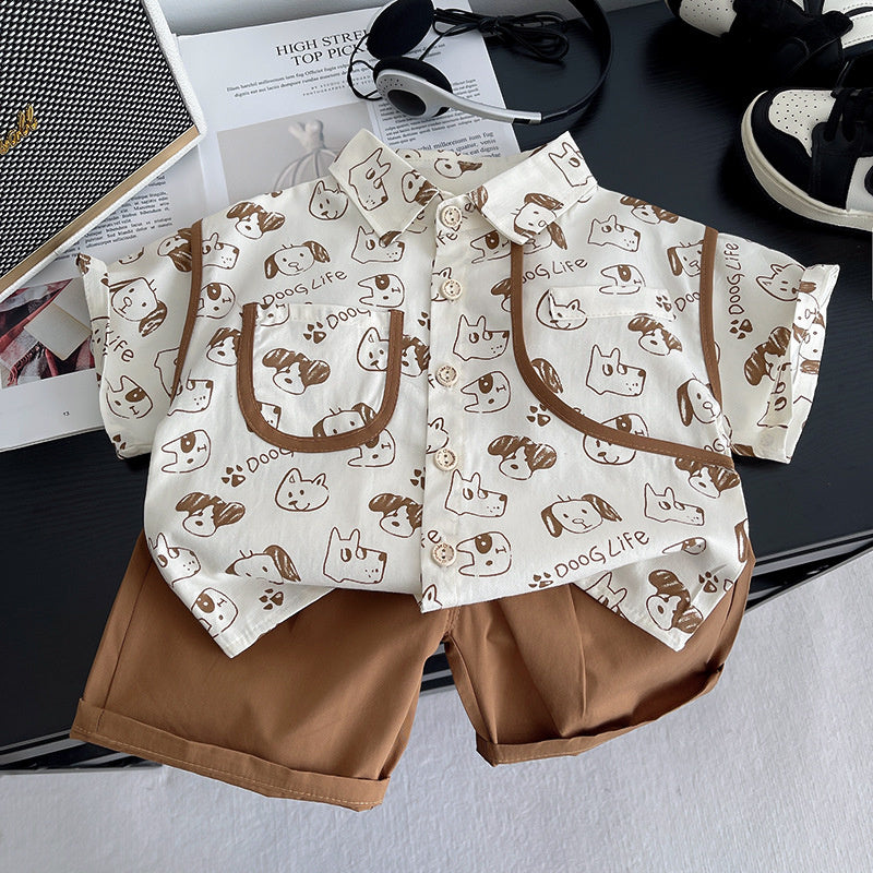 Boys' Summer Outfit 2026 New Style for 1-2-3 Years Old, Stylish Baby Casual Full-Print Short-Sleeve Shirt Two-Piece Set