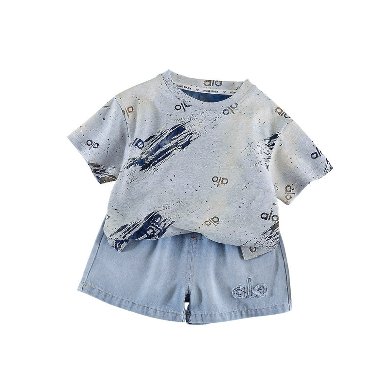 Children's 2026 Summer New Style Boys' Tie-Dye Letter Two-Piece Set Baby Short-Sleeve Sports Shorts