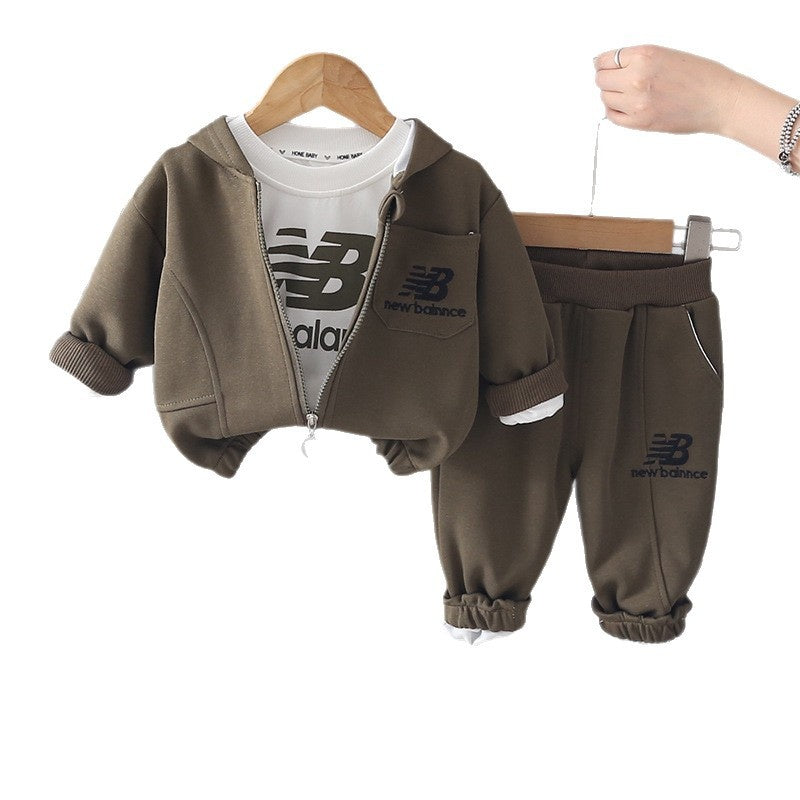 Boys' stylish outfit: 2-piece children's zip-up shirt, handsome spring and autumn wear for 1-5 year old toddlers, letter-printed flat-shoulder three-piece set