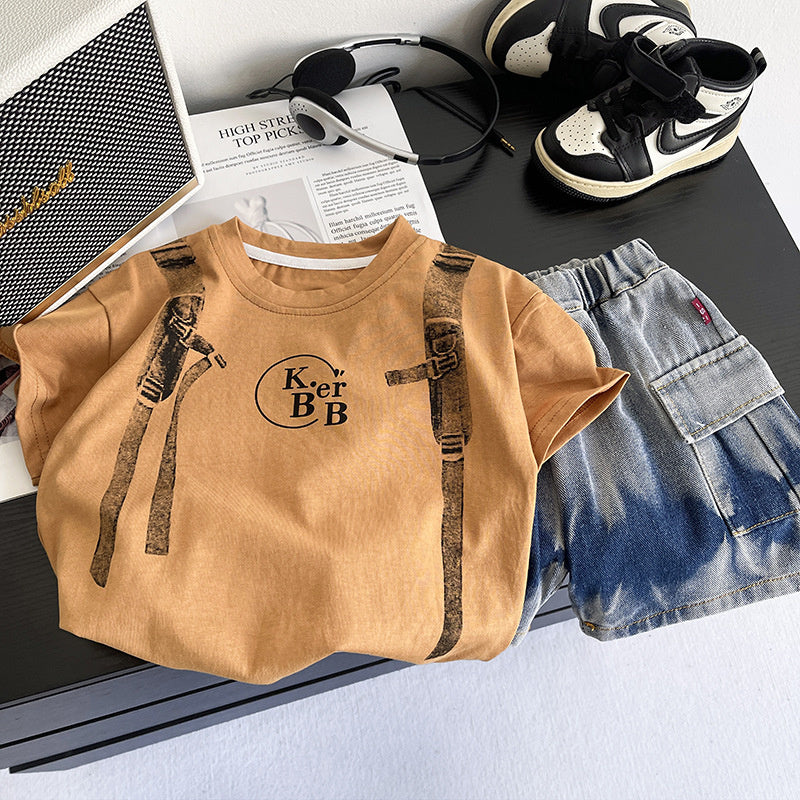 Boys' Outfit 2026 New Style Children's Faux Suspender Short Sleeve Baby Summer Thin Clothing Two-Piece Trendy Set