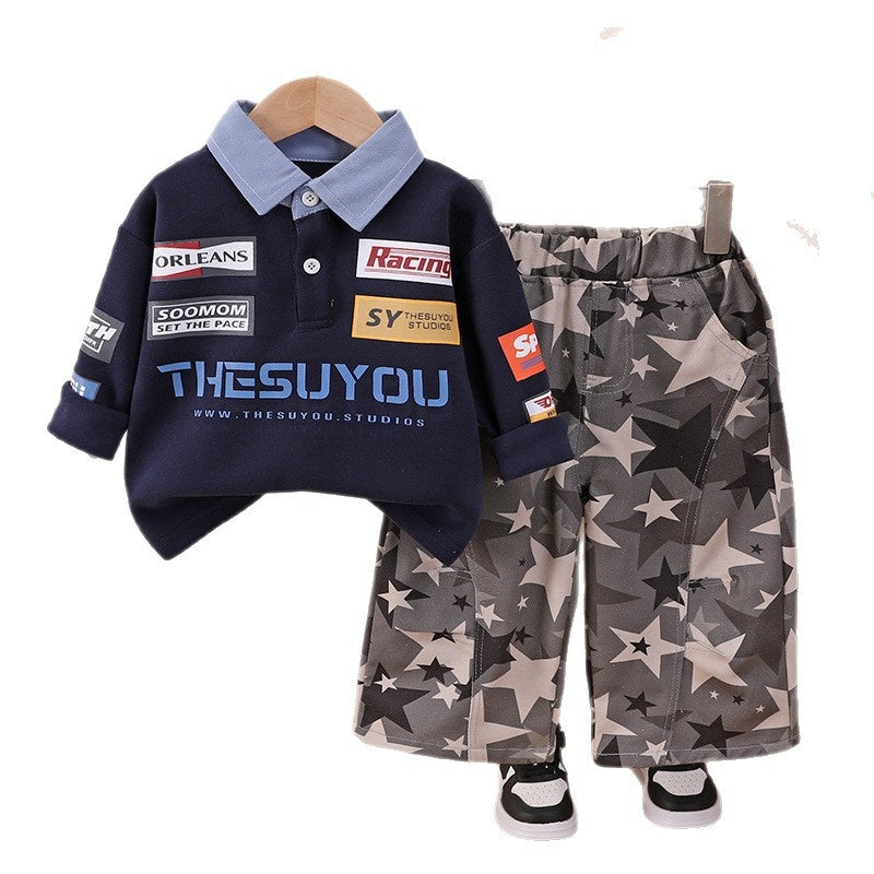Boys' Spring and Autumn Outfit 2026 New Fashionable Children's Racing Style Turn-down Collar Sweatshirt Korean Version Casual Two-piece Set