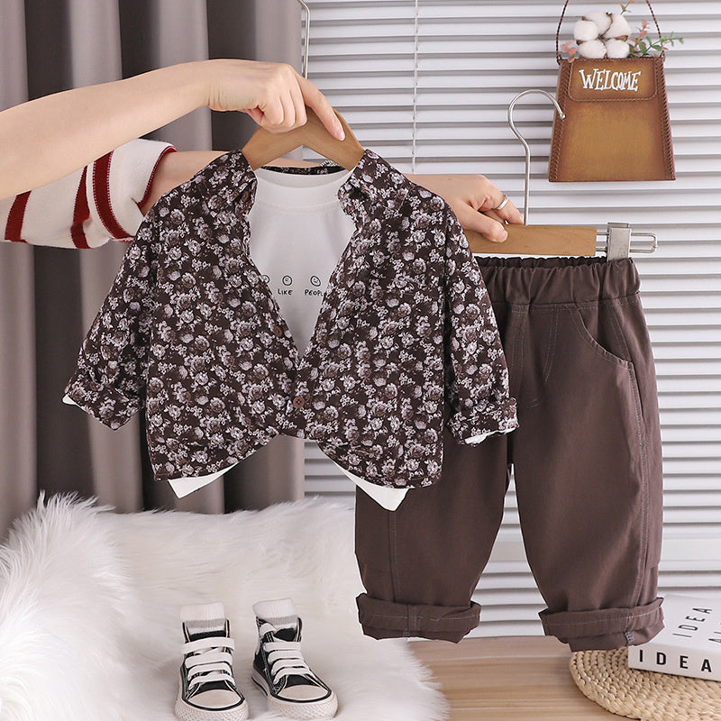 Boys' Outfit 2026 New Fashionable Baby Jacket Children's Spring and Autumn Stylish Full-Floral Three-Piece Set