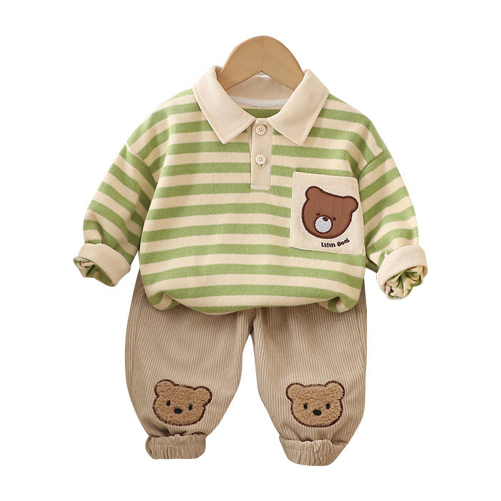 Boys' Suit Spring and Style Autumn Outfit Children's Sportswear Fashionable Stylish Baby Boy Turn-down Collar Bear Clothes Two-piece Set