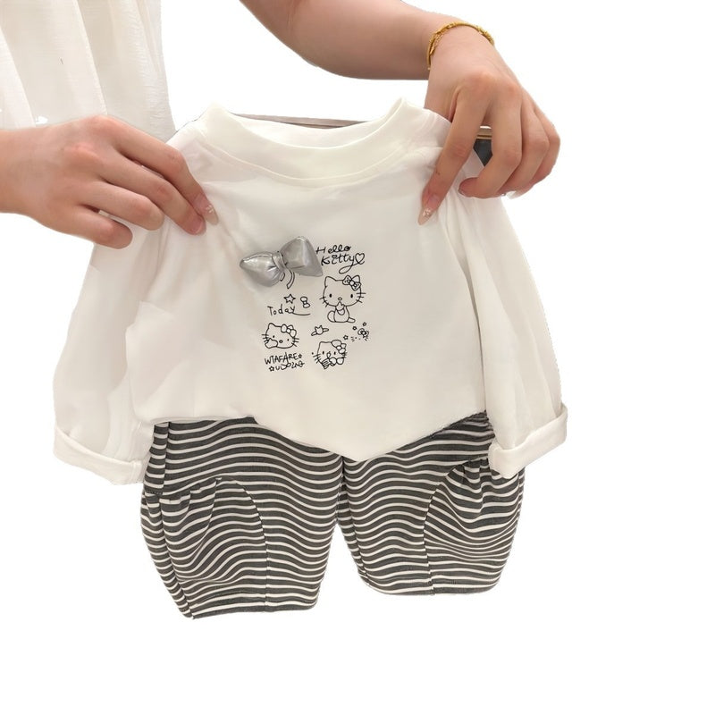 Girls' Striped Outfit 2026 New Fashionable Baby Girl Two-Piece Set in Milky White with Cat Print for Spring and Autumn
