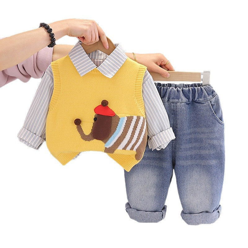 Boys' Autumn Outfit 2026 New Style Baby Boy Spring Clothes Stylish Cartoon Elephant Sweater Three-Piece Set for Infants and Children