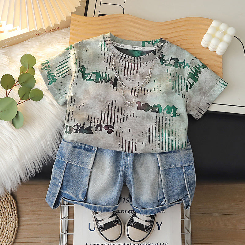 Boys' Summer Outfit Set 2026 New Fashionable Stylish Toddler Short Sleeve Shirt with Gradient Lines and Pants for Baby Boys