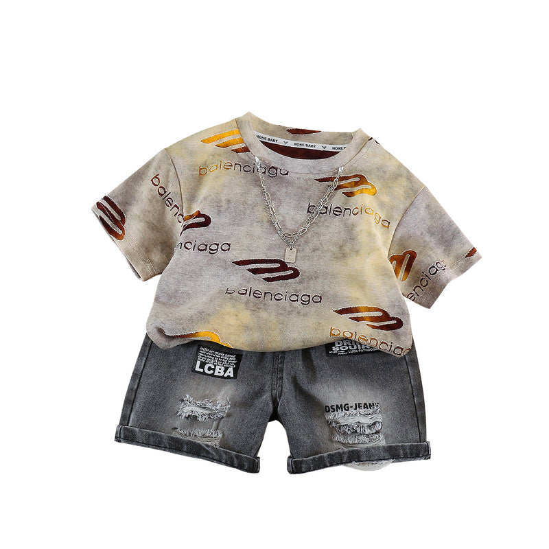 Children's Clothing Boys' 2026 Summer Chain Letter Short Sleeve Stylish Denim Shorts Baby Two-Piece Set Trendy