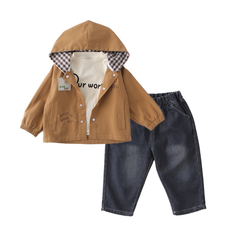 Boys' Outfit 2026 New Fashionable Children's Spring and Autumn Stylish Casual Plaid Hooded Three-Piece Set