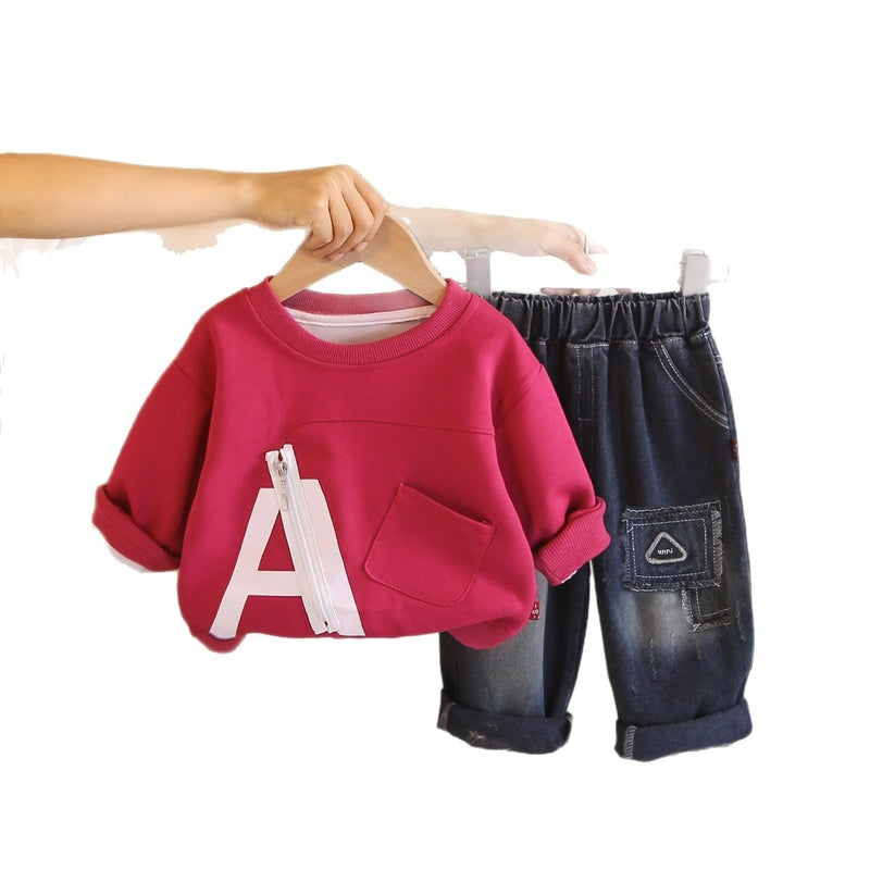 Boys' Spring and Autumn Casual Outfit 2026 Fashionable Baby Large Letter Zipper Sweatshirt New Two-Piece Set