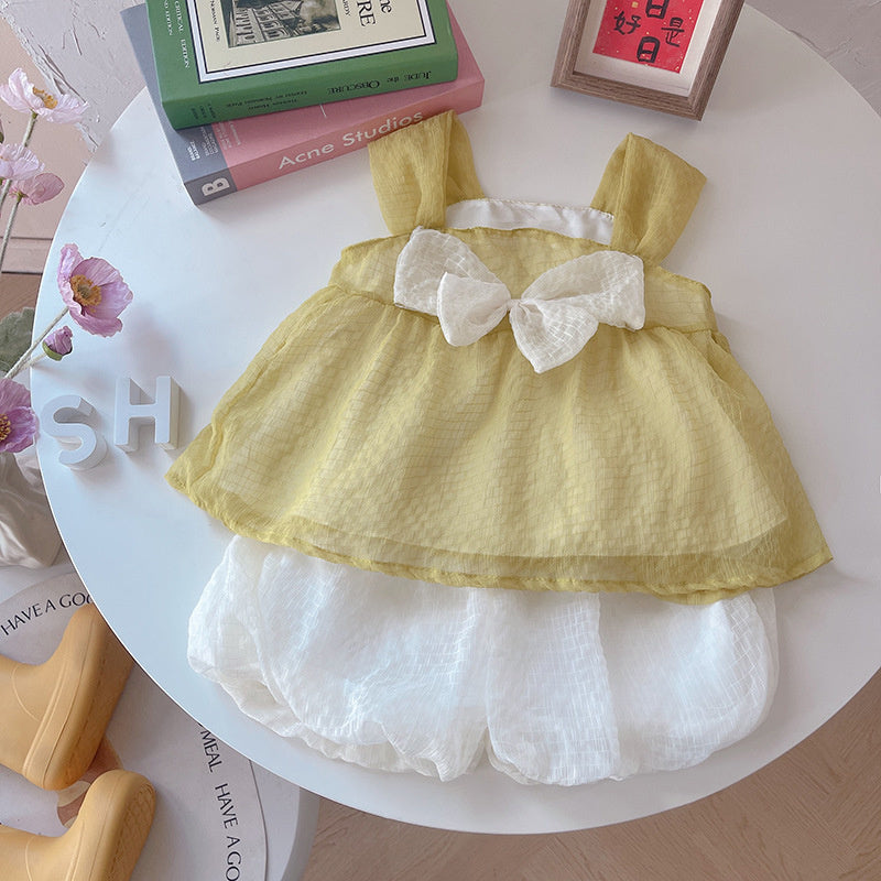 2026 Girls' Strap Dress with Big Bow and Tulle Skirt Set, Korean Style Casual Cute Summer Outfit, New Two-Piece Trendy Set