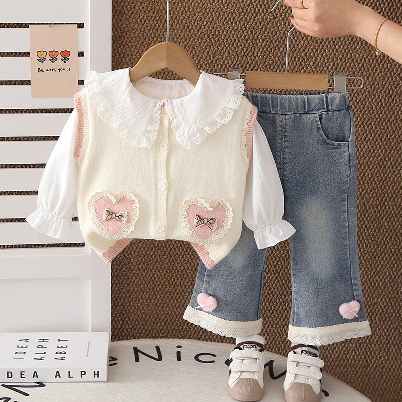 2026 New Fashionable Clothes Girls: Lace Heart Sweater Three-Piece Set, Stylish Outfit for Children, Spring and Autumn Set