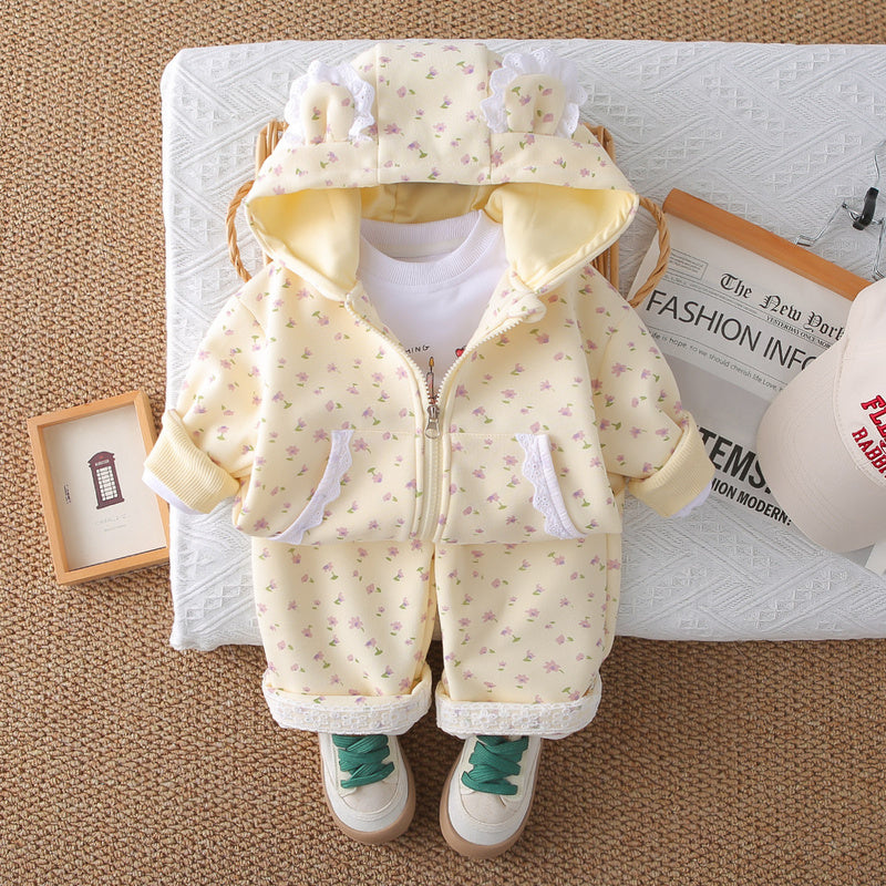 Girls' Outfit Stylish Baby Clothes Spring and Autumn Infant Toddler Full Print Small Flower Lace Three-Piece Set Trendy