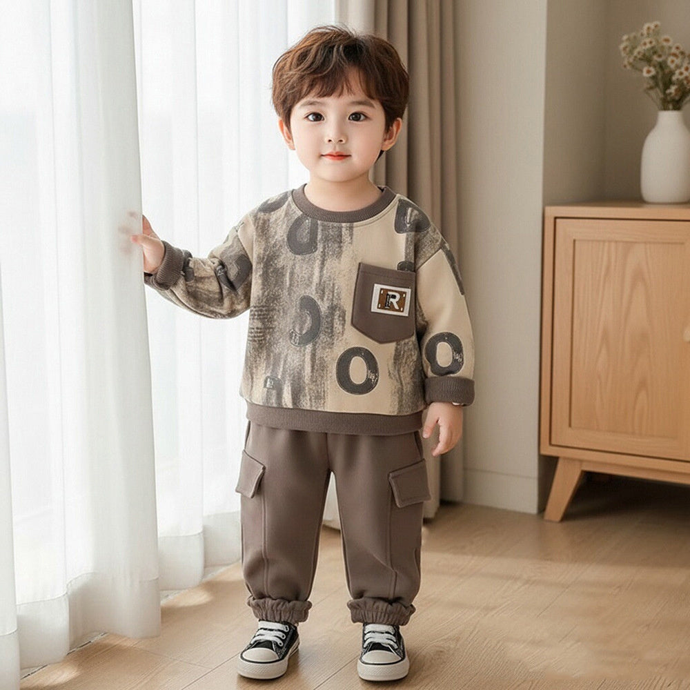 Boys' Spring and Autumn 2026 Casual Outfit, New Style for Boys Aged 1-5, Long-Sleeve Full-Print Letter Sweatshirt Two-Piece Set