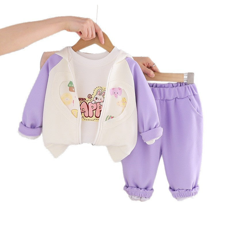 Girls' Outfit 2026 New Fashionable Children's Spring Autumn with Printed Hearts, Little Elephants, and Rabbits - Three-Piece Set