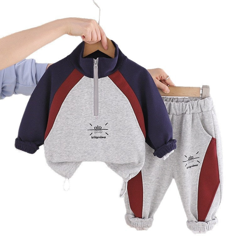 Boys' Patchwork Half-Zip Sweatshirt Set, Stylish New Spring Autumn Two-Piece Outfit for Toddlers and Children