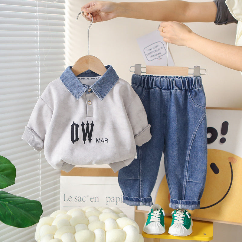 Boys' Spring and 2026 New Set: Children's Korean-style Denim Collar Sweatshirt, Baby's Autumn Two-piece Casual Outfit