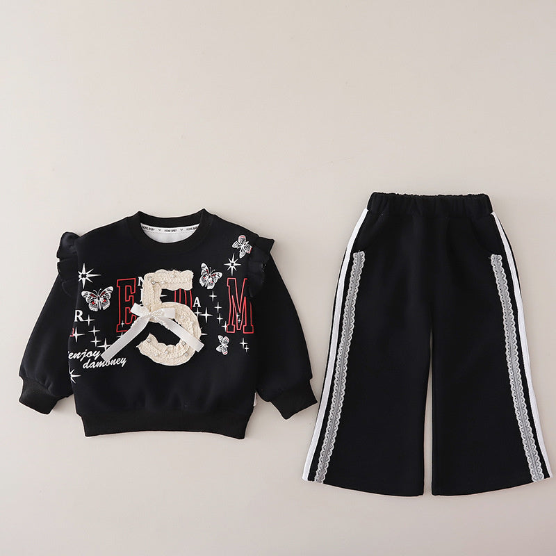 Girls' Fashionable Sporty Digital Print Bow Sweatshirt Set Baby Autumn Stylish Infant Children's Clothing Wholesale