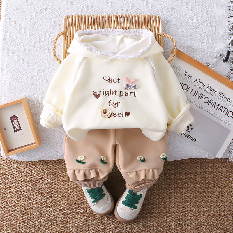Girls' Autumn 2026 New Fashionable Spring Outfit Baby Lace Hooded Sweatshirt Cartoon Two-Piece Set for Infants and Children