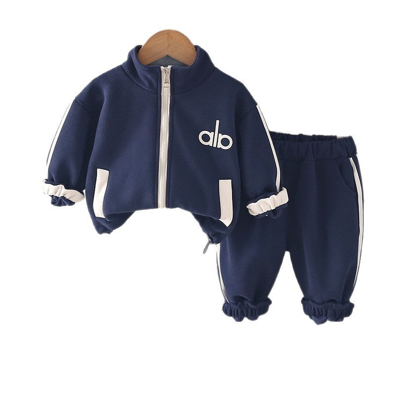 Children's Outfit Baby Sleeve Long Pants 2026 Spring and Autumn New Style Boys' Stand Collar Solid Color Letter Print Jacket Two-Piece Set