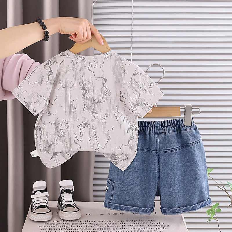 Baby Outfit Set 2026 New Style Boys' Denim Short Sleeve Shorts Infant Children's Summer Stylish Clothes