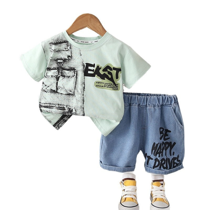 Children's Outfit 2026 Summer New Style Boys' Korean Version Casual Sports Printed Denim Two-Piece Set Short Sleeve Shorts Trendy