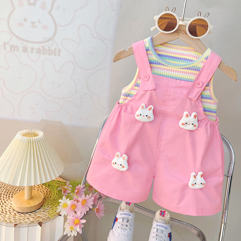 Outfit 2024 New Summer Children's Girls' Baby Colorful Striped Cartoon Overalls Short Sleeve Two-Piece Set