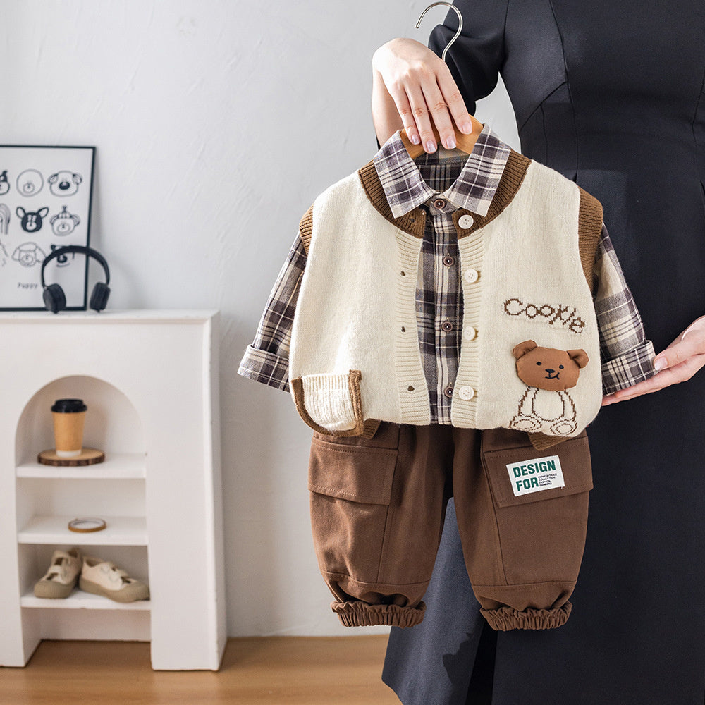 Baby Spring and Autumn 1-3 Years Old Boys Bear Sweater Three-Piece Set Trendy Toddler Korean Style Fashionable Clothes Children's Fashion