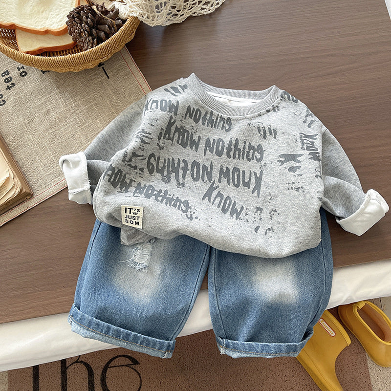Boys' outfit with stylish letter-print sweatshirt denim pants set, cool spring clothing for toddlers and children