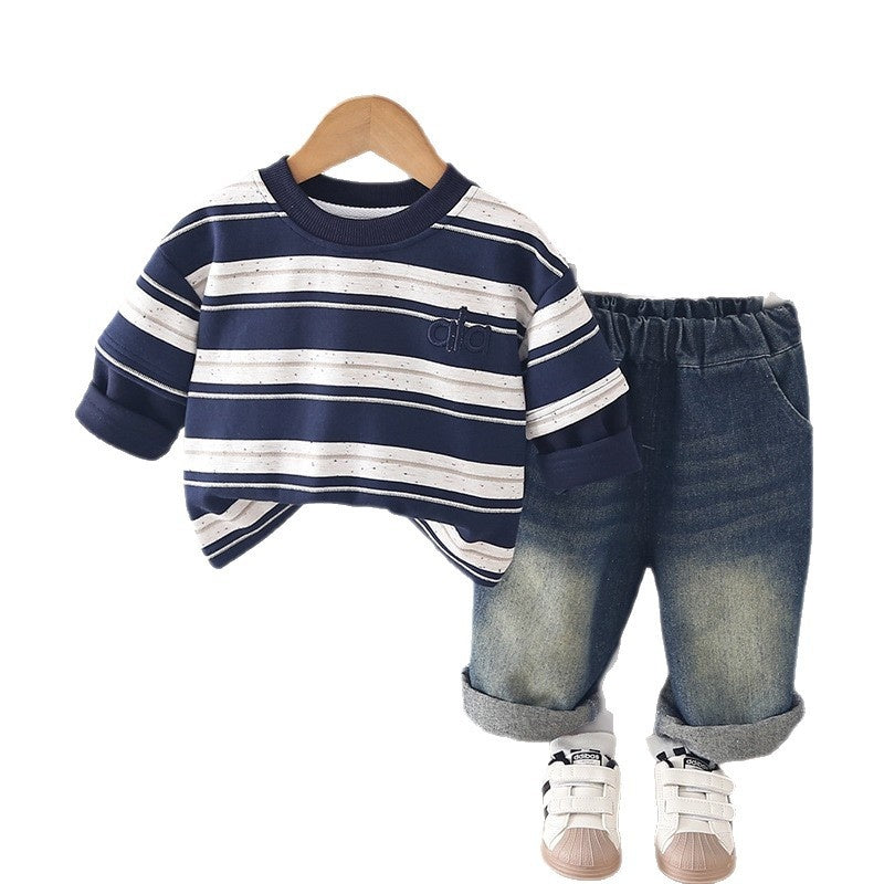 Boys' and autumn stylish outfit, Korean-style round-neck striped clothes, fashionable infant clothing for one-year-old baby spring wear