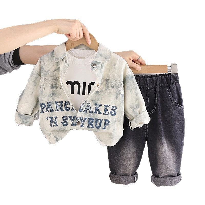 Boys' Spring Outfit 2026 New Style 1-2-3-5 Year Olds, Stylish Tie-Dye Letter Print Three-Piece Set for Kids