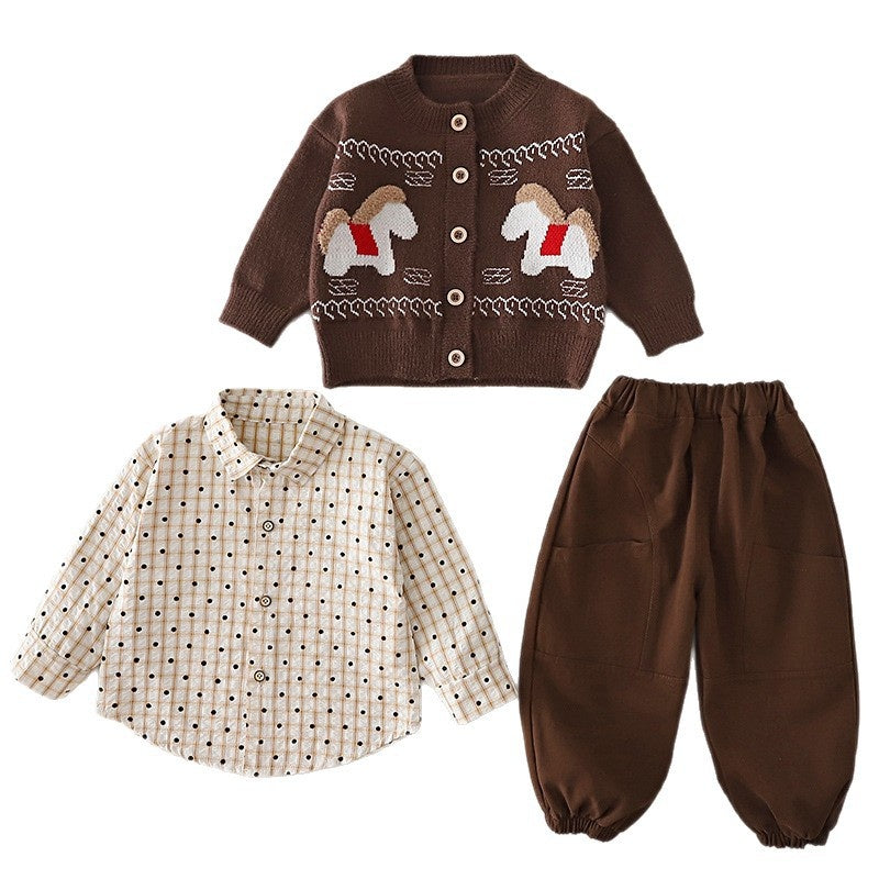Boys' Outfit 2026 New Cool Stylish 4-Piece Sweater Cardigan Three-Piece Set Spring and Autumn Trendy Clothes for 1-Year-Old Boys