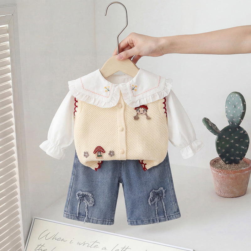 Girls' Spring and Autumn Long Sleeve Outfit 2026 New Baby Children's Clothing Cartoon Mushroom Sweater Three-Piece Set Trendy