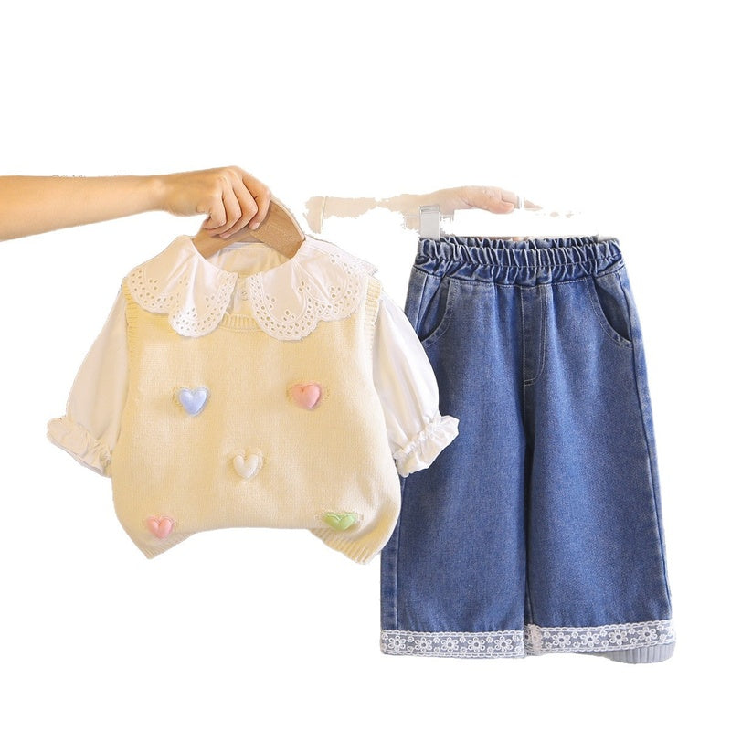 Girls' Outfit Spring and Autumn 2026 New Fashionable Colorful Heart Sweater 3-Piece Set for 1-5 Year Olds