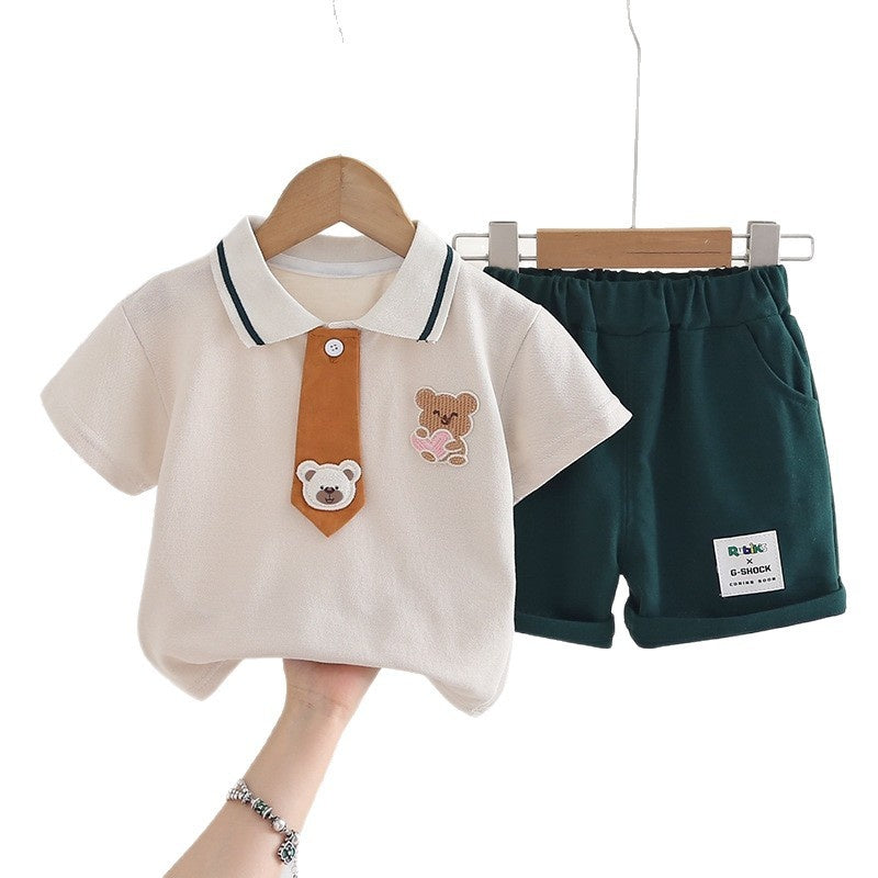 Boys' Summer Outfit 2026 New Fashionable Baby Bear Tie Placket Short Sleeve Two-Piece Set Infant Children's Clothing