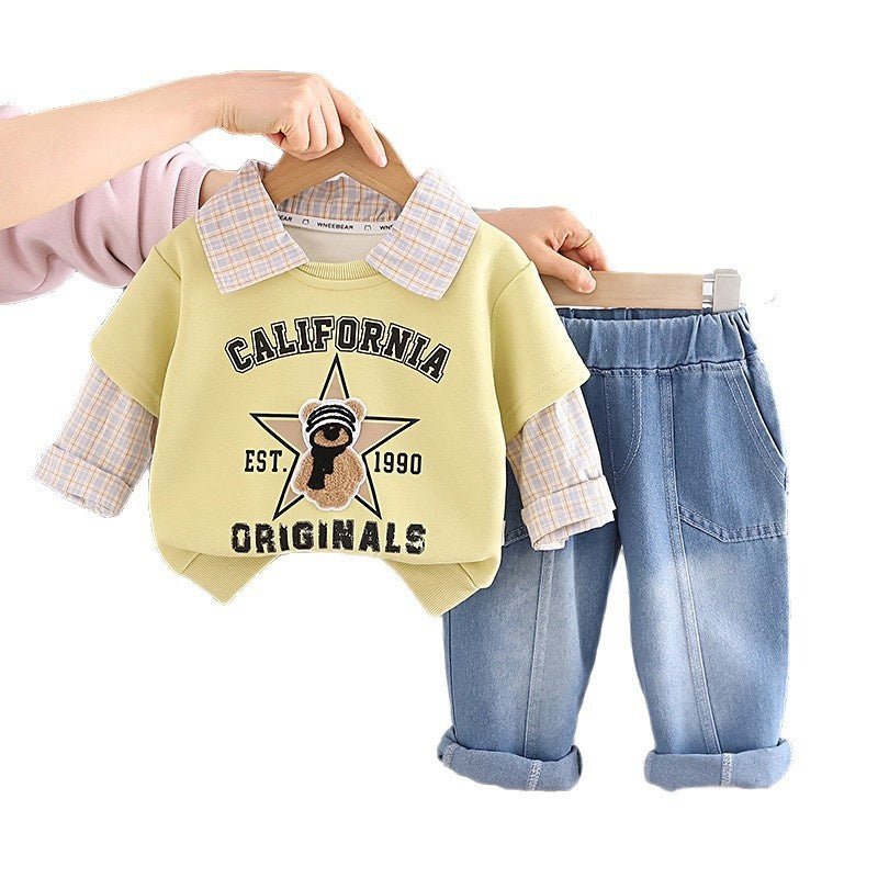 Baby clothes autumn, stylish casual, 2026 plaid bear long-sleeve sweatshirt two-piece set, trendy spring and autumn outfit for baby boys