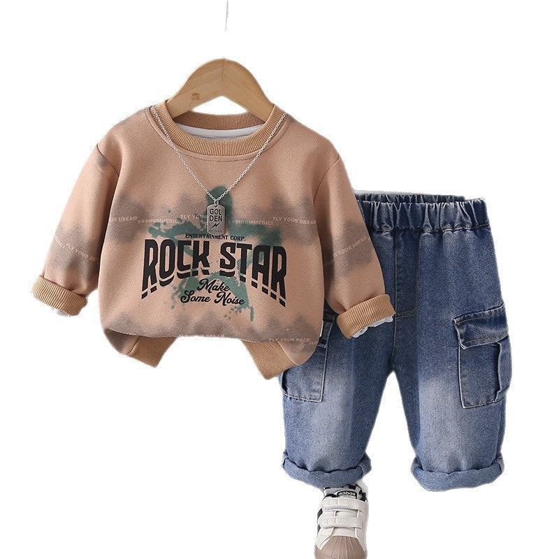 Boys' 2026 New Fashionable Children's English Necklace Sweatshirt Two-Piece Set Baby Spring and Autumn Trendy Outfit