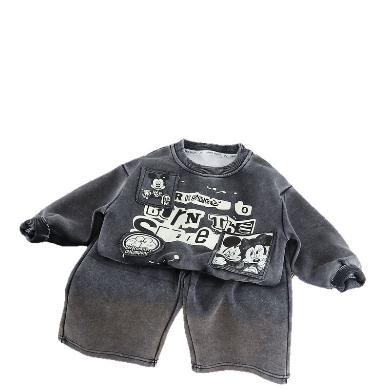 Boys' Outfit 2026 New Fashionable Cartoon Letter Two-Piece Set Baby Autumn Casual Sweatshirt Toddler Sportswear