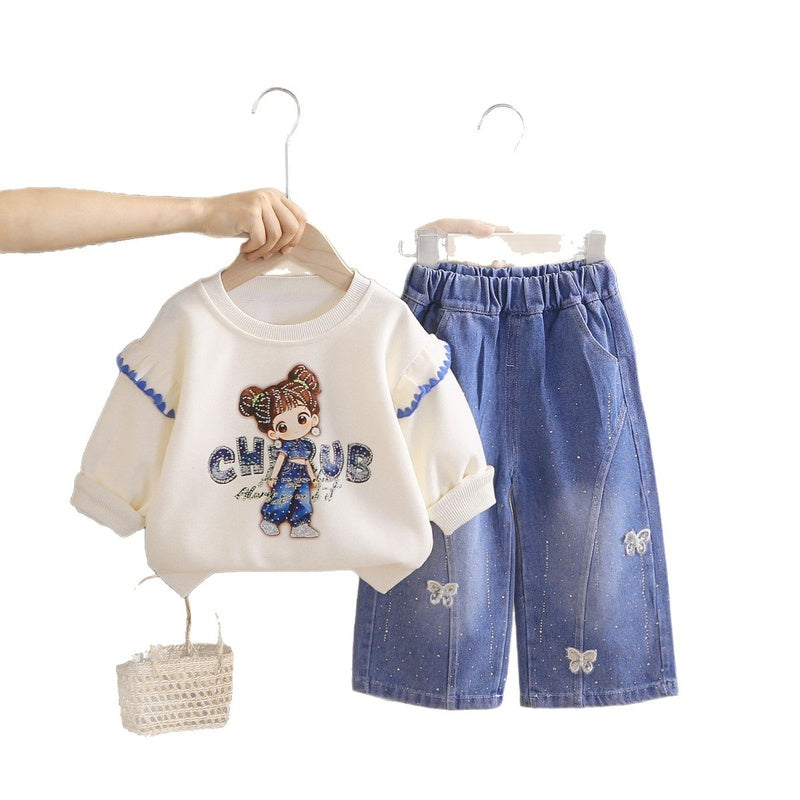 Girls' Fashionable Outfit Children's Korean Style Casual Sweatshirt Two-Piece Set, Baby Girl Cartoon Clothes for Spring and Autumn
