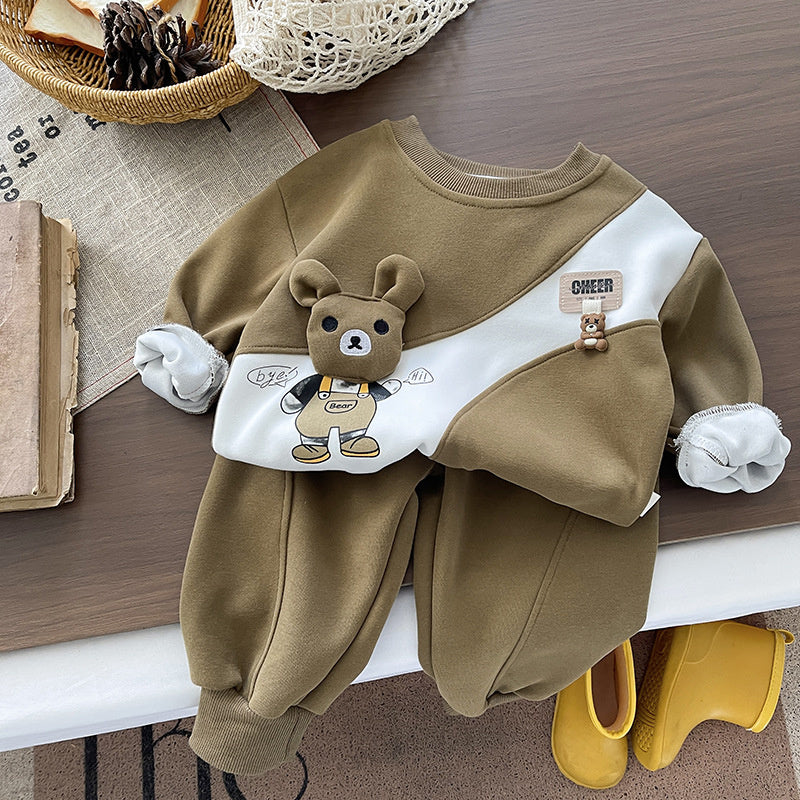 Baby Boy and Autumn 2026 New Fashionable Bear Sweatshirt Spring Cartoon Long Sleeve Two-Piece Set
