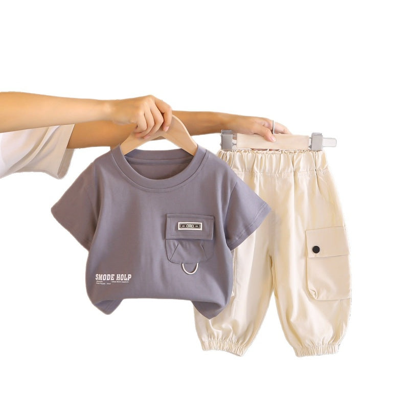 Children's clothing for boys, summer 2026 new style, baby and child pocket logo short-sleeve two-piece set, stylish