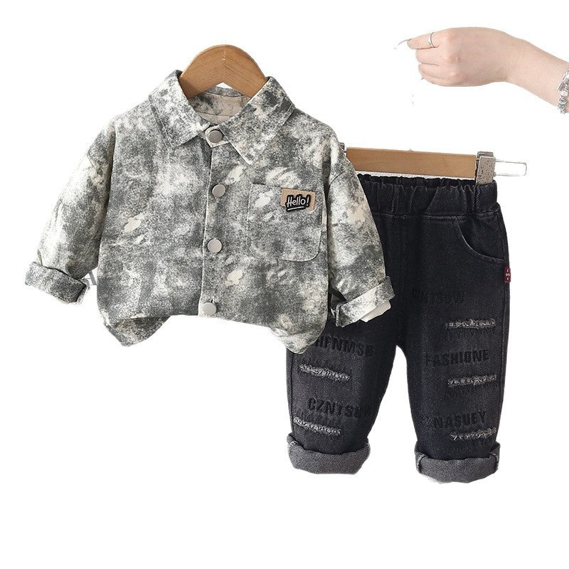 Boys' Suit Spring and Autumn, New 2026 Casual Clothes for Children, Stylish Full-Print Round-Pocket Two-Piece Autumn Outfit